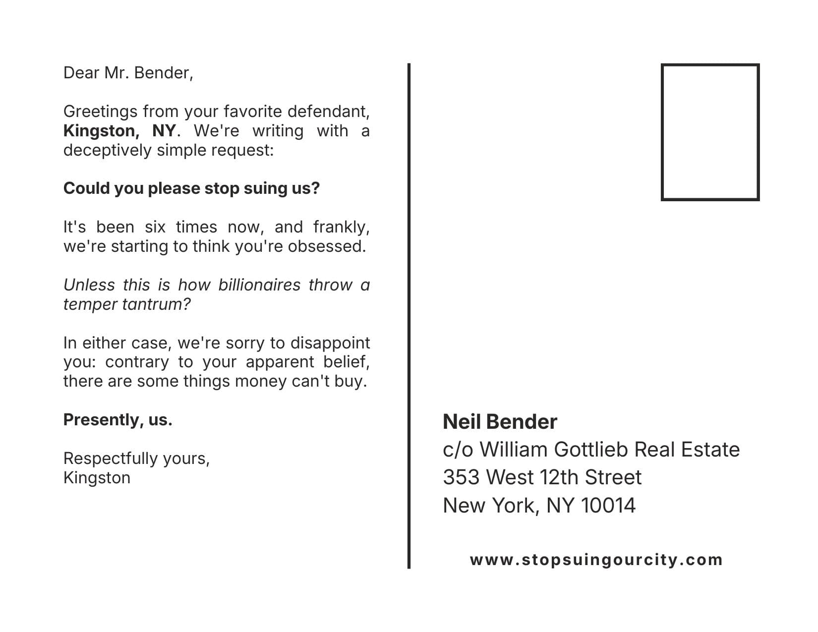 Postcard back — addressed to Neil Bender